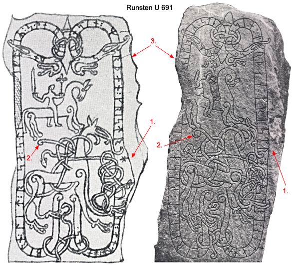 Detaljstudie av Rhezelius teckning av runsten U 691